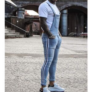 LIQUOR N POKER Blue Nevada With Blk/Wht Side Stripes Stonewashed Overalls Unisex